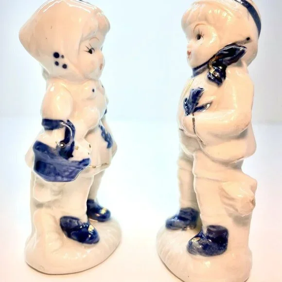 Vintage Holland Figurine Set Farm Boy Girl On Bench Porcelain Blue White Gold - Picture 2 of 11
